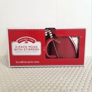 2 Pack Red Mugs with Hug Chocolate White Brown Swirl Stirrers